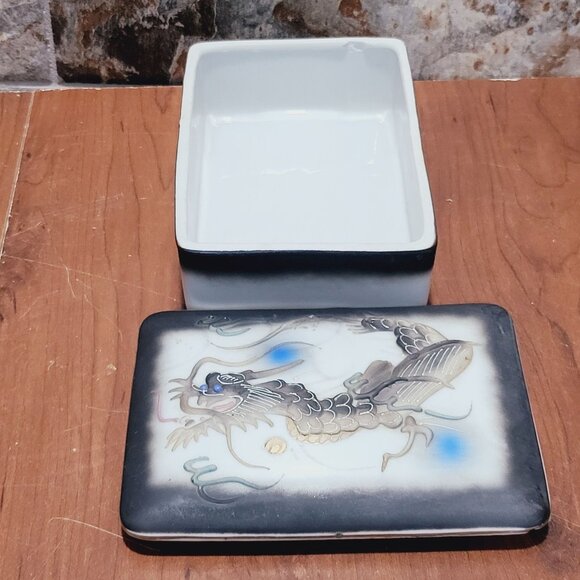 Vintage Hand Painted Moriage Dragon Ware Lidded Cigarette Trinket Box Japan - Picture 10 of 13
